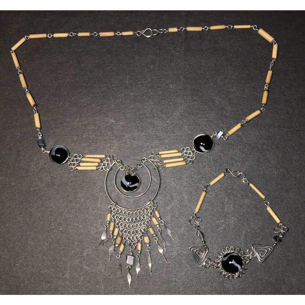 Peruvian Style BOHO Serpentine Stone Bamboo 20”Necklace 7”Bracelet Preowned